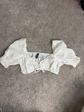 H&M White Puff Sleeve Cropped Tie-Front Blouse